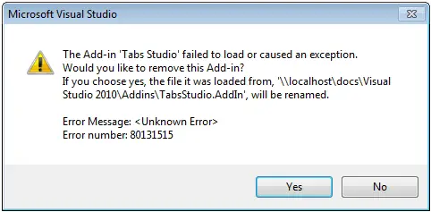 Add-in ‘Tabs Studio’ failed to load or caused an exception